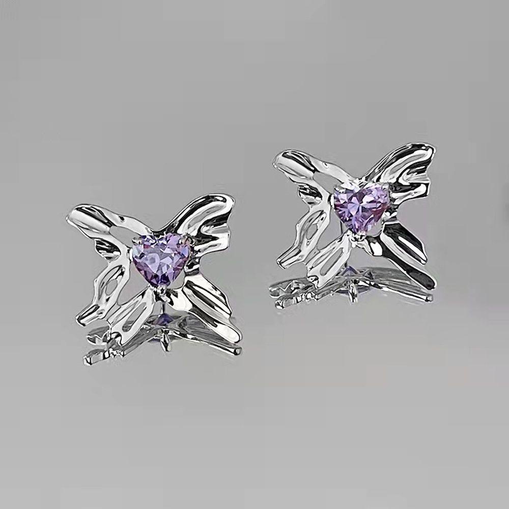 Mxbeauty Anting Wanita Fashion Tidak Teratur Telinga Perhiasan Hadiah Ungu Busur Zirkon Gaya Korea Earrings