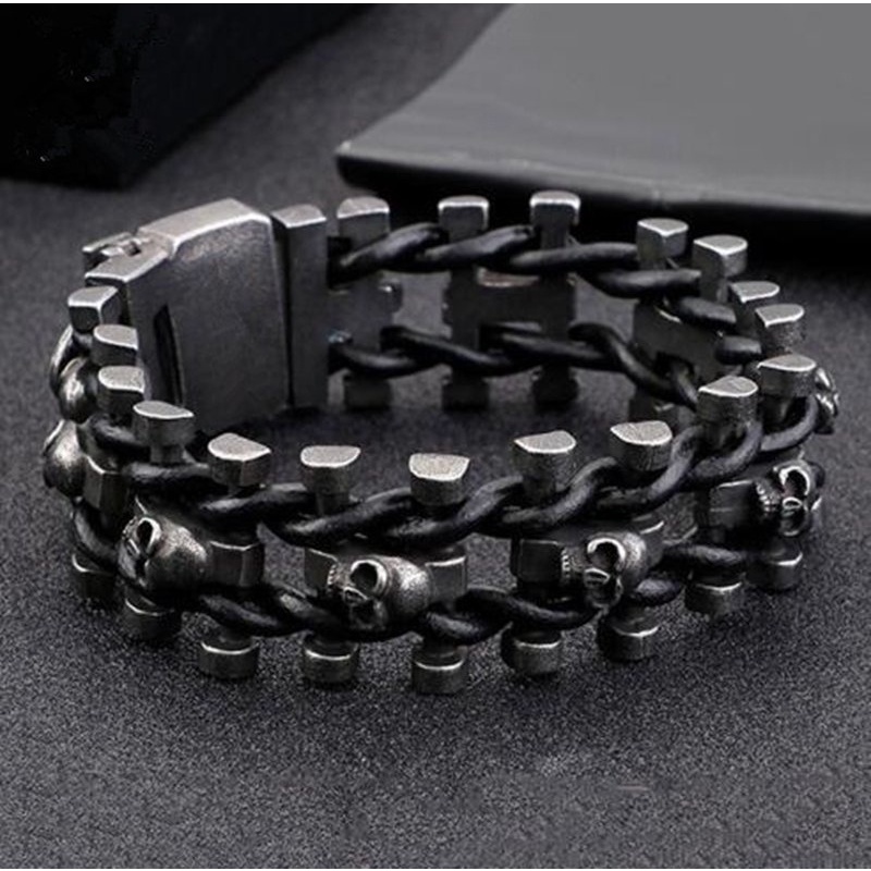 Gelang Rantai Bahan Kulit Stainless Steel Warna Hitam Gaya Punk Rock Hip Hop Untuk Pria