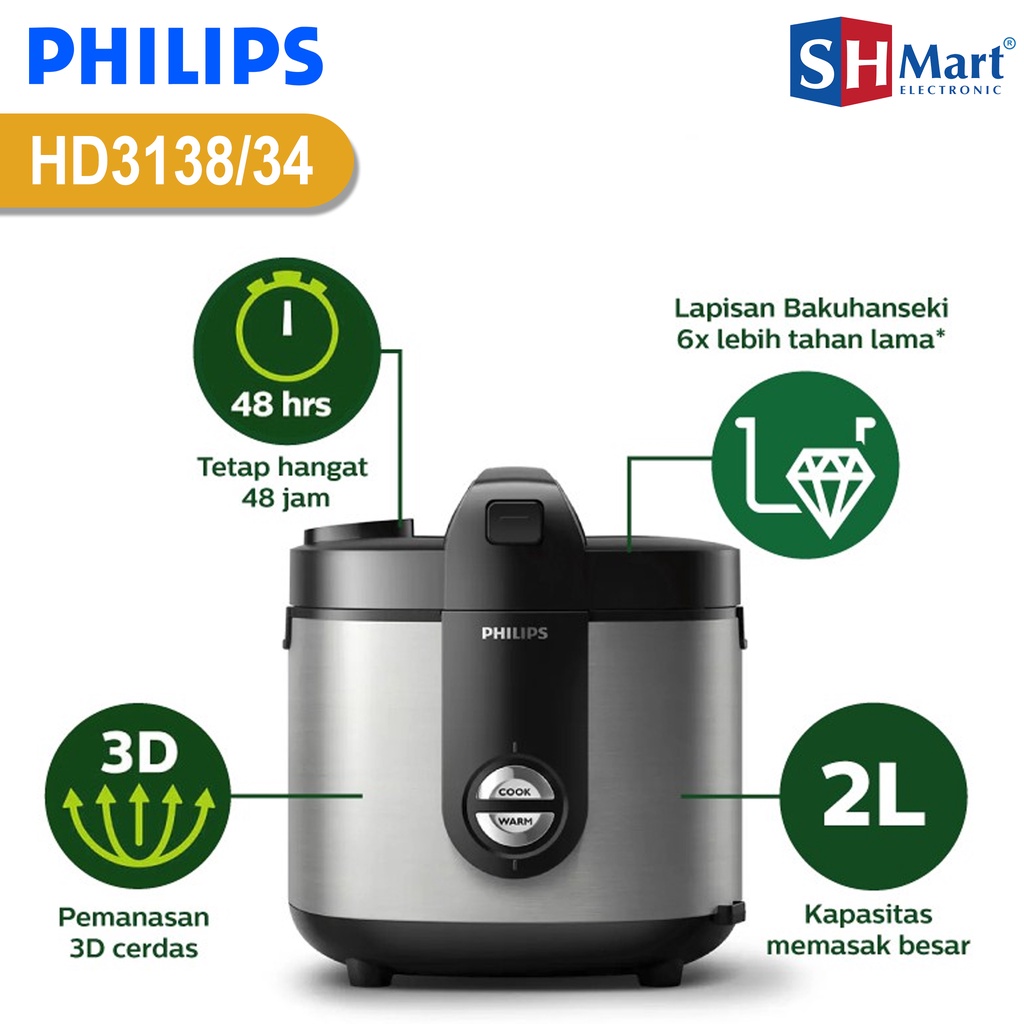 RICE COOKER PHILIPS KAPASITAS 2 LITER  HD3138 PREMIUM PLUS HD-3138 GARANSI RESMI