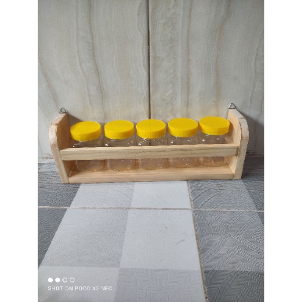 Rak Bumbu Kayu / Tempat Bumbu Dapur / Rak bumbu + toples 200ml