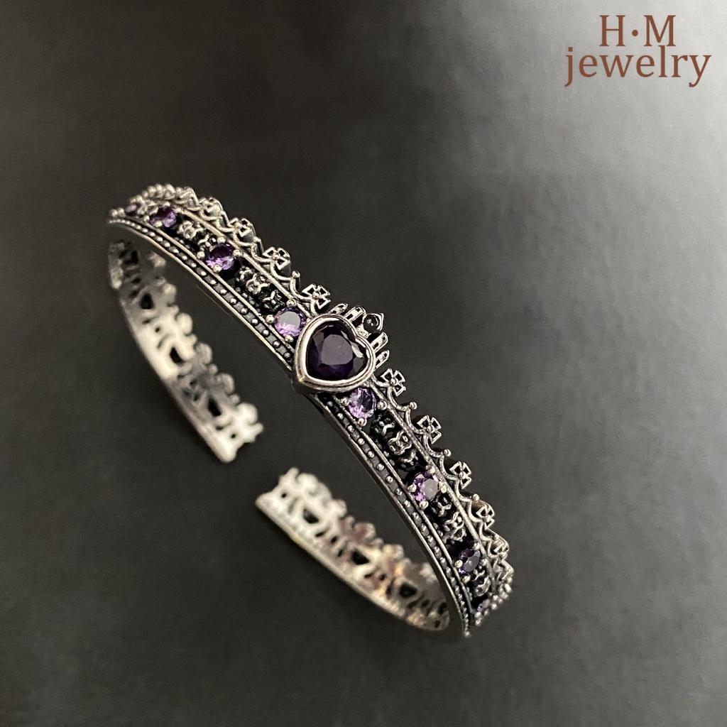 Gelang Tangan Silver Thai Vintage Desain Mahkota Salib Hati Hias Zircon AAA Multi Warna Untuk Wanita