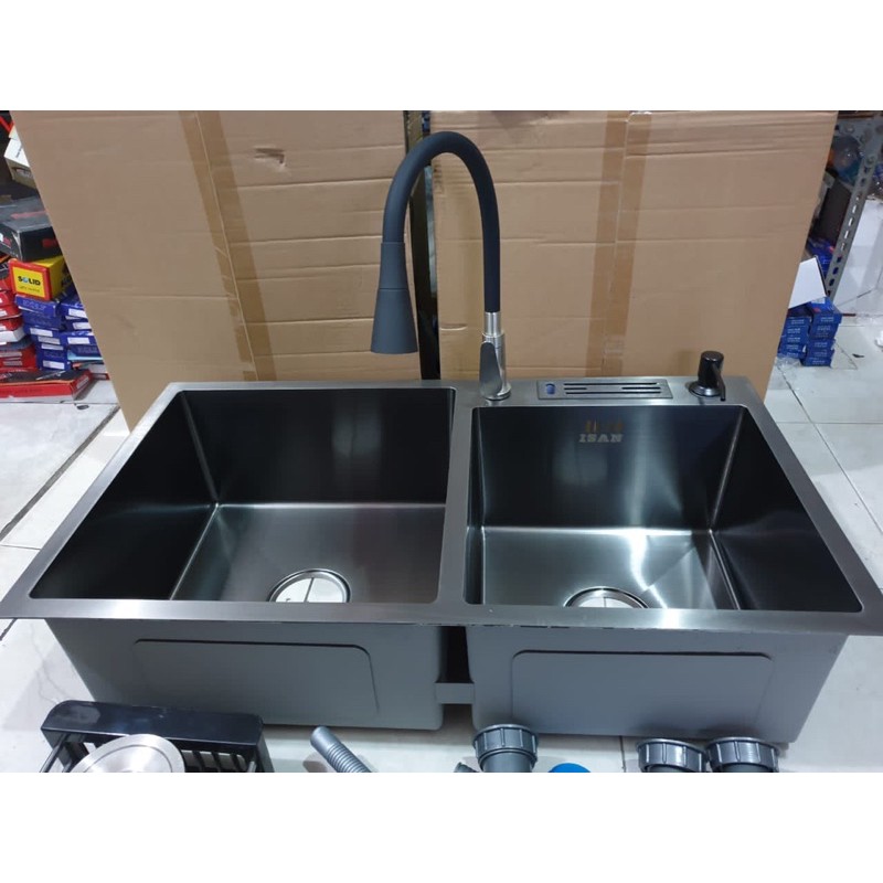 KITCHEN SINK BLACK HITAM / bak cuci piring 2 lubang stainless SUS304 tebal 3mm 82X45 ANTI KARAT