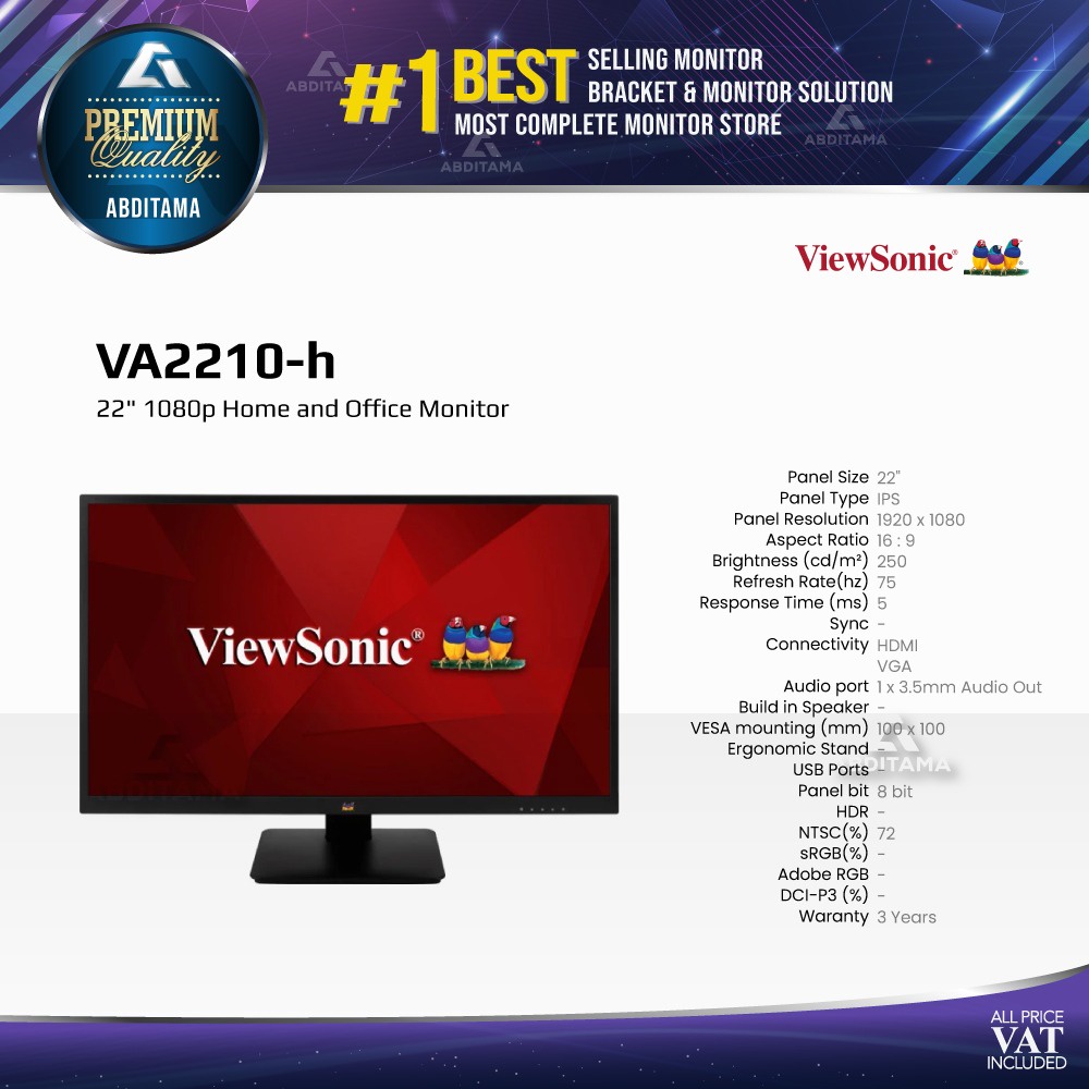 Monitor LED ViewSonic VA2210 VA2210H 22" 1920x1080 IPS VGA HDMI