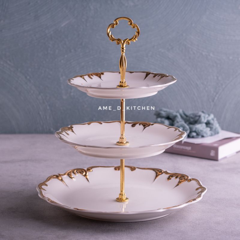 Piring kue / tier cake susun 3 capodimonte "white gold series"