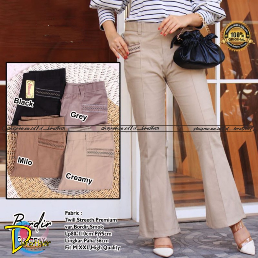 Celana Highwaist Cutbray Bordir Smok Bahan Twill Combed Standart dan Jumbo