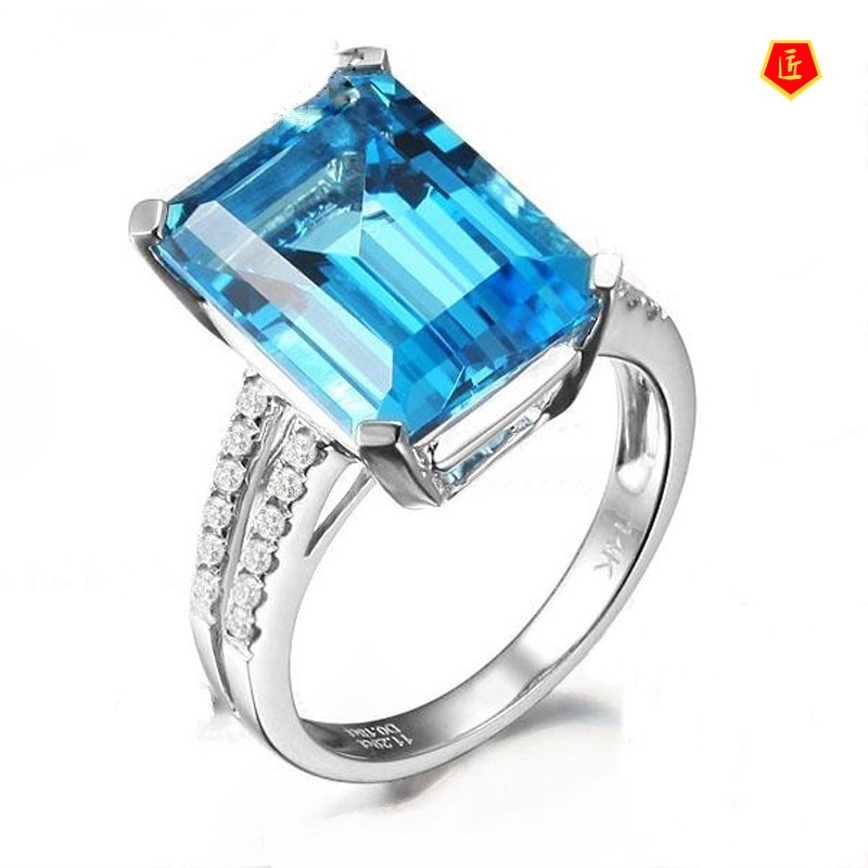 [Ready Stock]18K Topaz Square Aquamarine Ring Elegant and Fashionable