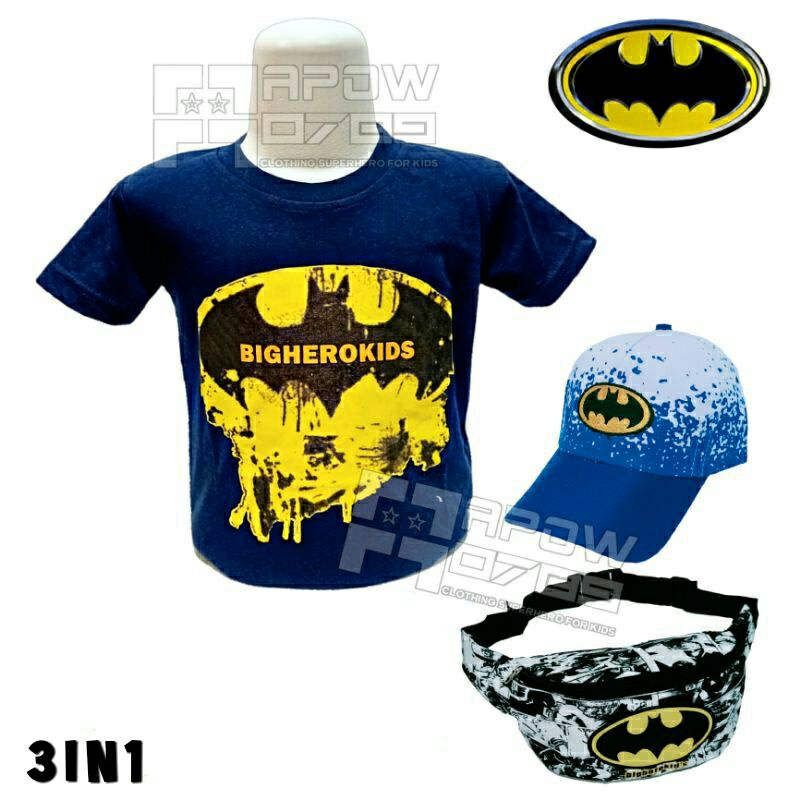 paket murah 3in1 baju kaos anak laki laki tas selempang anak topi anak motif batman usia 1-10 tahun waistbag anak kaos anak