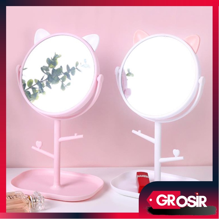 Grosir - C915 Kaca Meja Rias Bentuk Bulat / Cermin Motif Telinga Kucing &amp; Panda /Standing Mirror