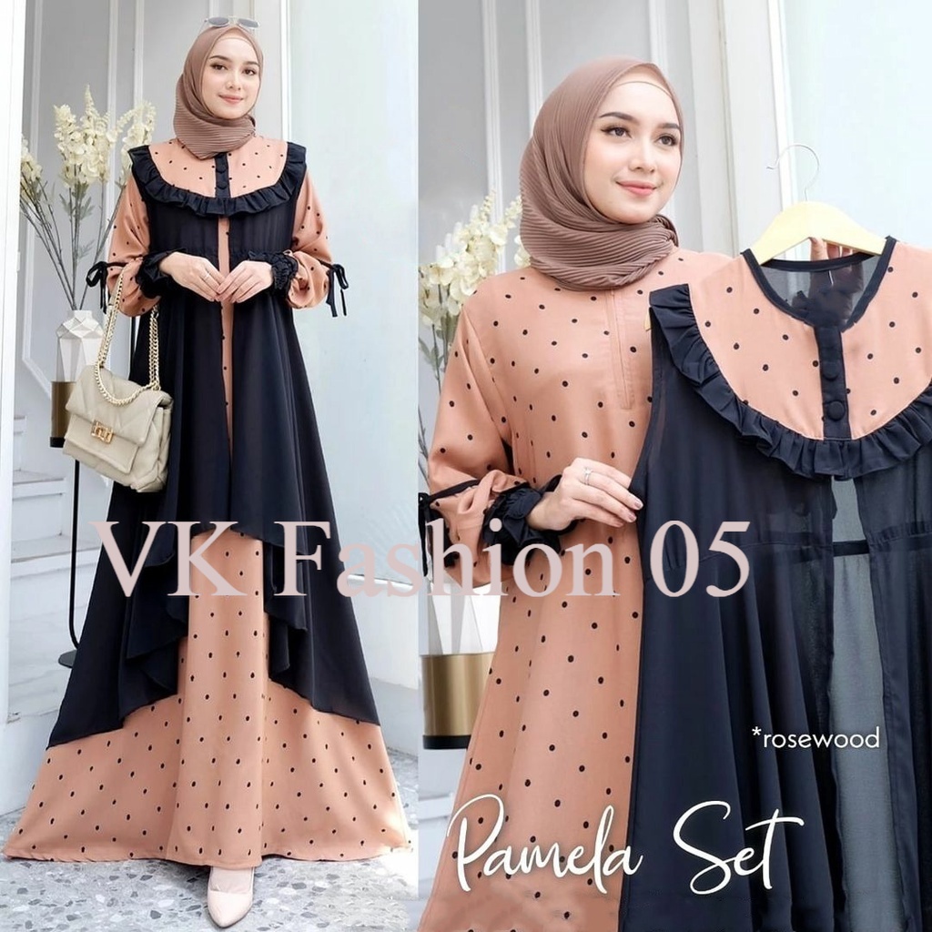 COD - Pamela Dress Gamis Ceruty Baby Doll Polka Premium Fashion Gaun Maxy Wanita Muslim Pesta Kondan
