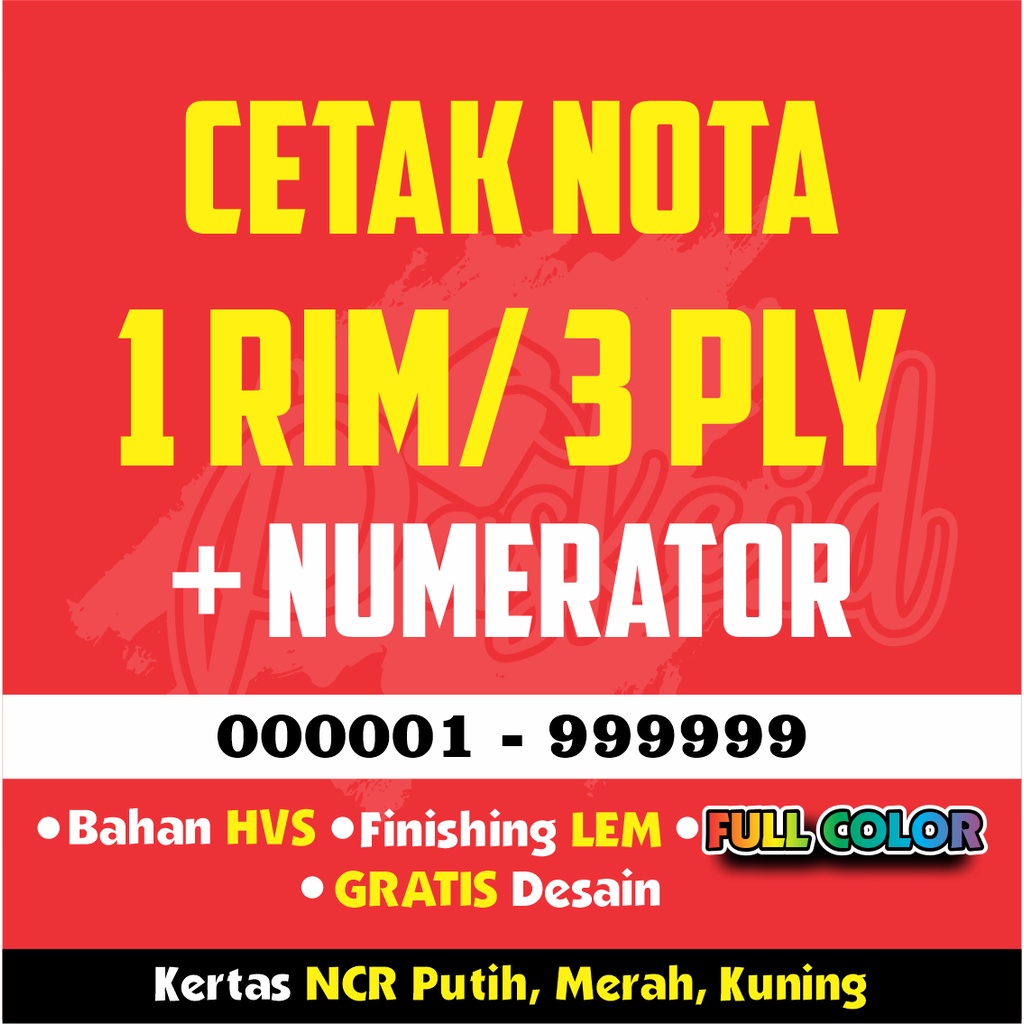 

1 RIM / 3 PLY CETAK NOTA/ Kwitansi/ Surat Jalan/ Bon/ Invoice/ Lainnya, Bahan NCR CARBON, FULL COLOR, NUMERATOR, PORPORASI