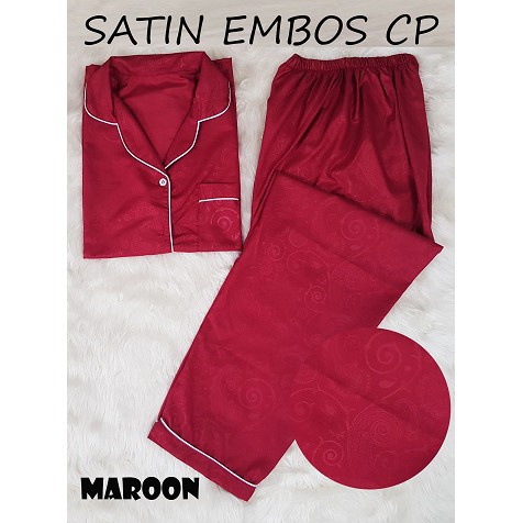 HipNop CP SATIN EMBOS BAJU TIDUR WANITA CELANA PANJANG PIYAMA CEWE CEWEK SLEEPWEAR MAROON