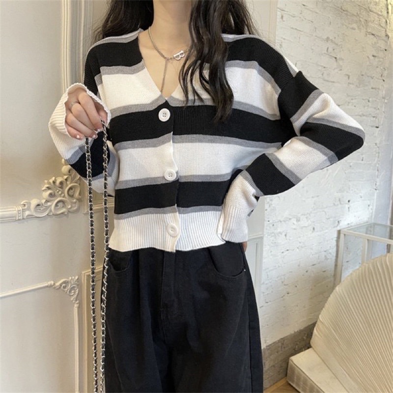 Naya Strip Baju cardigan Rajut kancing knit