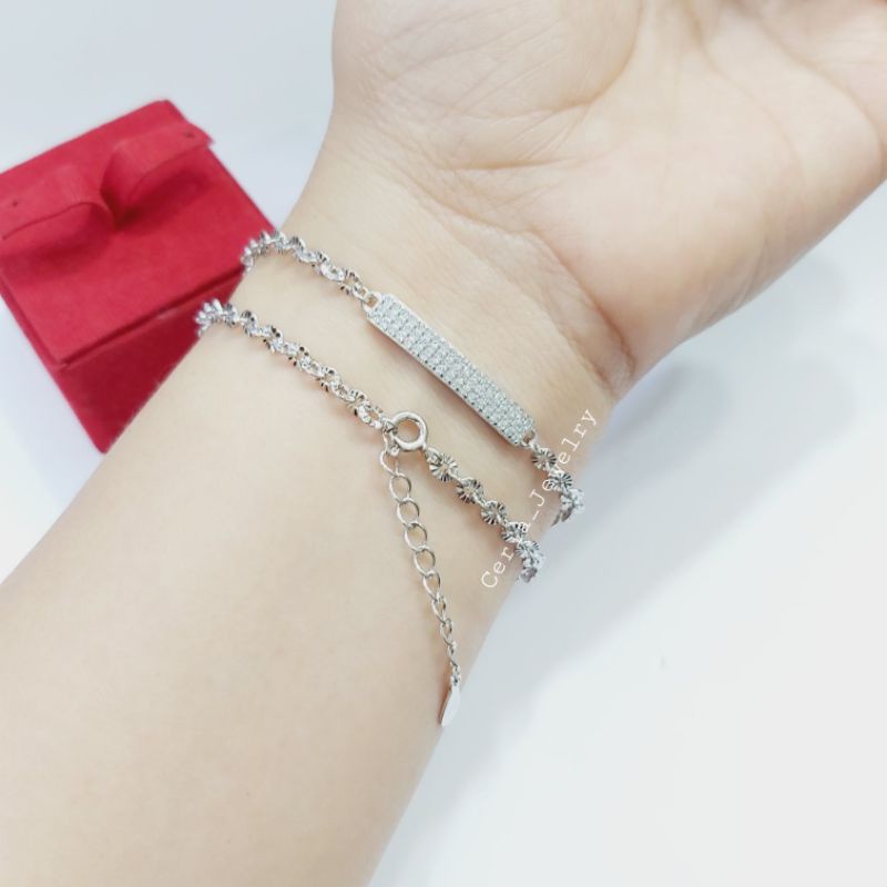 GELANG PERAK ASLI SILVER WANITA 925 LAPIS EMAS PUTIH MODEL EMAS PENANG PERMATA 3 BARIS RANTAI NORIUKIIR + RING TAMBAHAN - PERHIASAN PERAK WANITA