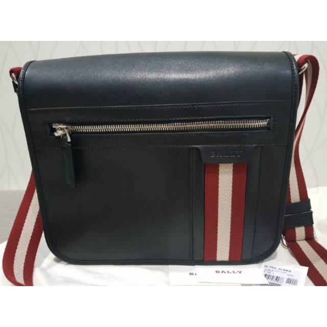 Tas Pria Bally Perforated Messenger Black Leather Bag