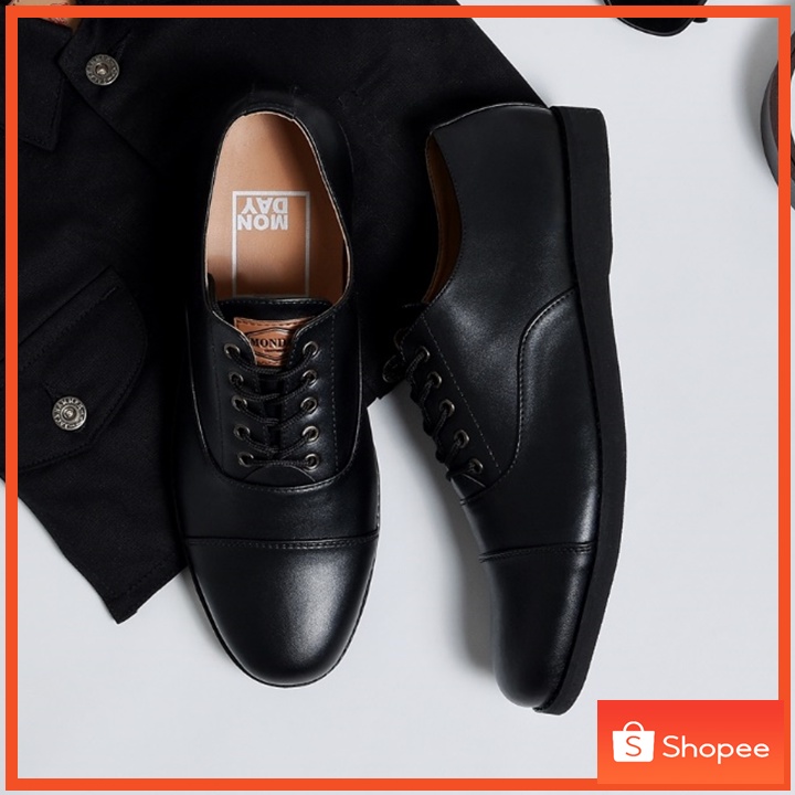 Oxford Full Black (Original Monday) - Sepatu Pantofel Pria Formal Kulit Kantor Kerja Casual Kasual pantopel Oxford Pria Cowok Original