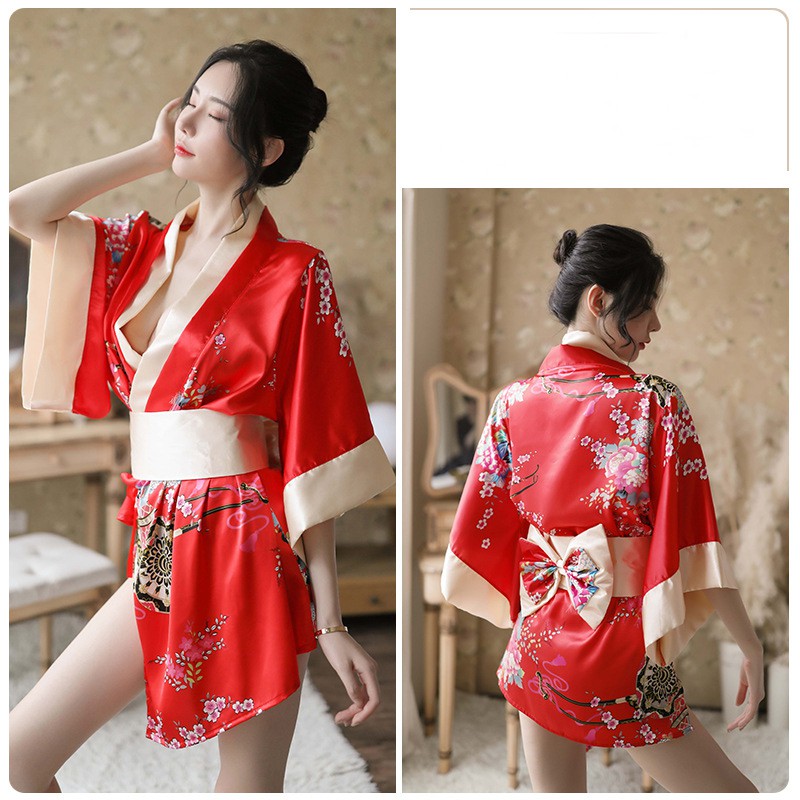 Kimono Wanita Jepang Sakura Satin Baju Tidur Sexy cosplay Lingerie A398-1