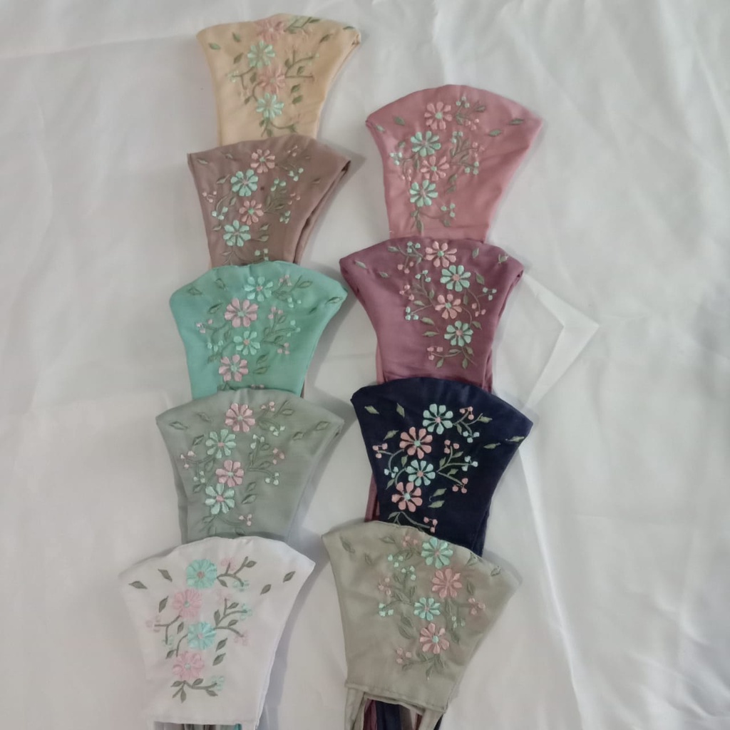 Masker Kain Bordir Manual Melati Bahan Katun. Masker Hijab. Masker Headloop. Masker Tali Kepala