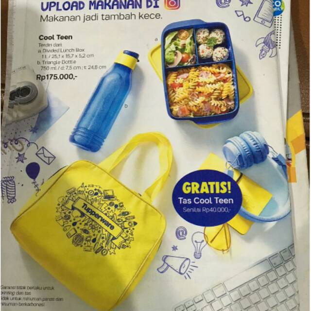 Tupperware cool teen set tempat makan sekat,tempat minum dan free tas kuning