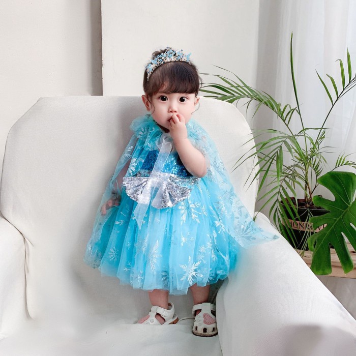Gaun Anak - Kostum Elsa Frozen Dress Dan Jubah Baju Ulang Tahun Anak Code : 2033