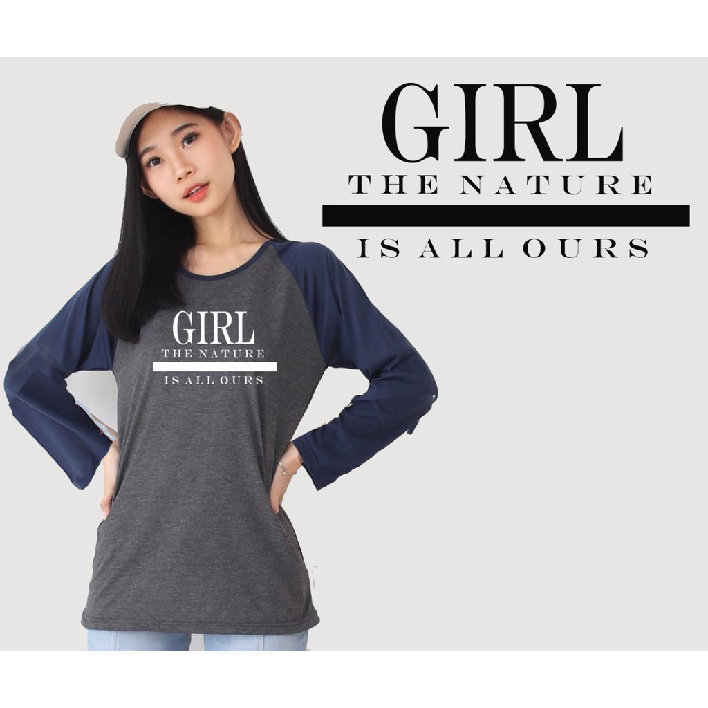 Kaos Raglan Abu Tua Lengan Panjang Gambar GIRL