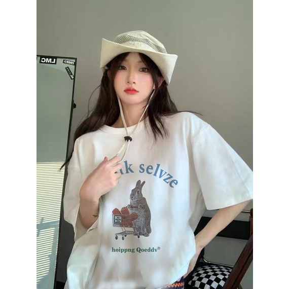 EUNII T-shirt Lengan Pendek Gambar Kelinci Kartun Longgar Korean Style/Kaos Atasan Wanita/Baju Kaus Oversize Wanita