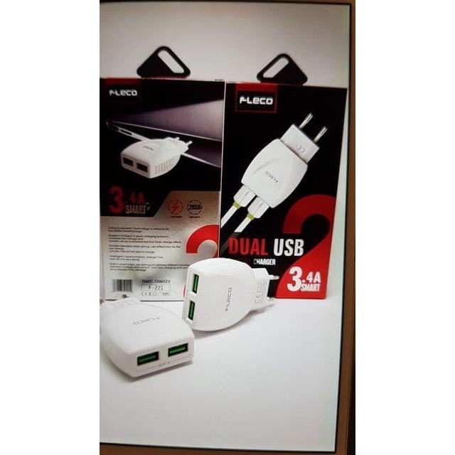 ADAPTOR CHARGER FLECO F-221 DUAL USB PLUS KABEL