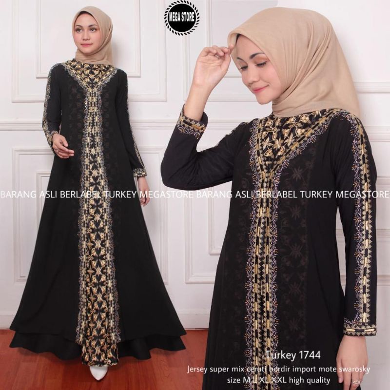 TURKEY 1744 BERLABEL MEGASTORE / GAMIS ABAYA BERBAHAN JERSEY WARNA HITAM / GAMIS POLOS BERBAHAN RAYO