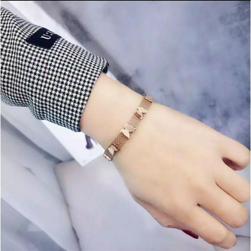 Fourfashion Gelang Jaring Titanium Aksen 5 Kupu-Kupu Tersedia Warna Rose Gold dan Gold TS02