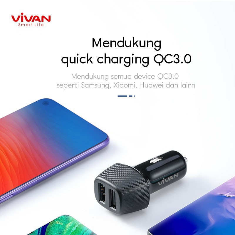 Car Charger VIVAN CC02Q 30W Dual Port USB-A 3A Quick Charge 3.0 - Garansi Resmi 1 Tahun