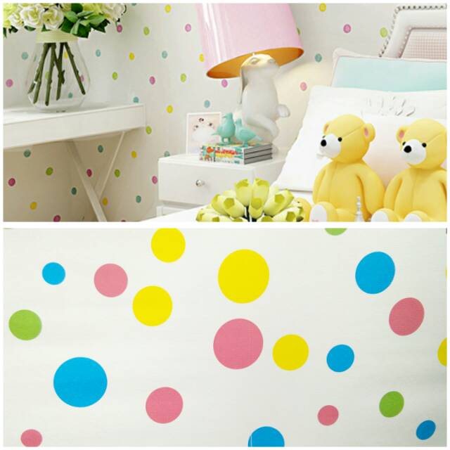 GROSIR MURAH -Wallpaper Sticker Dinding Putih Polkadot Warna-Warni 10 M x 45 CM