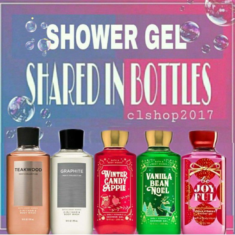 BBW SHARE IN BOTTLE SHOWER GEL 30 ML PART 2/2 winter candy apple vanilla bean noel dessert wildflower beachfront blanket0 sea salt lavender vanilla rainbow sprinkles cotton candy champagne wild lime gardenia blooming gardenia dream in the sky coconut palm