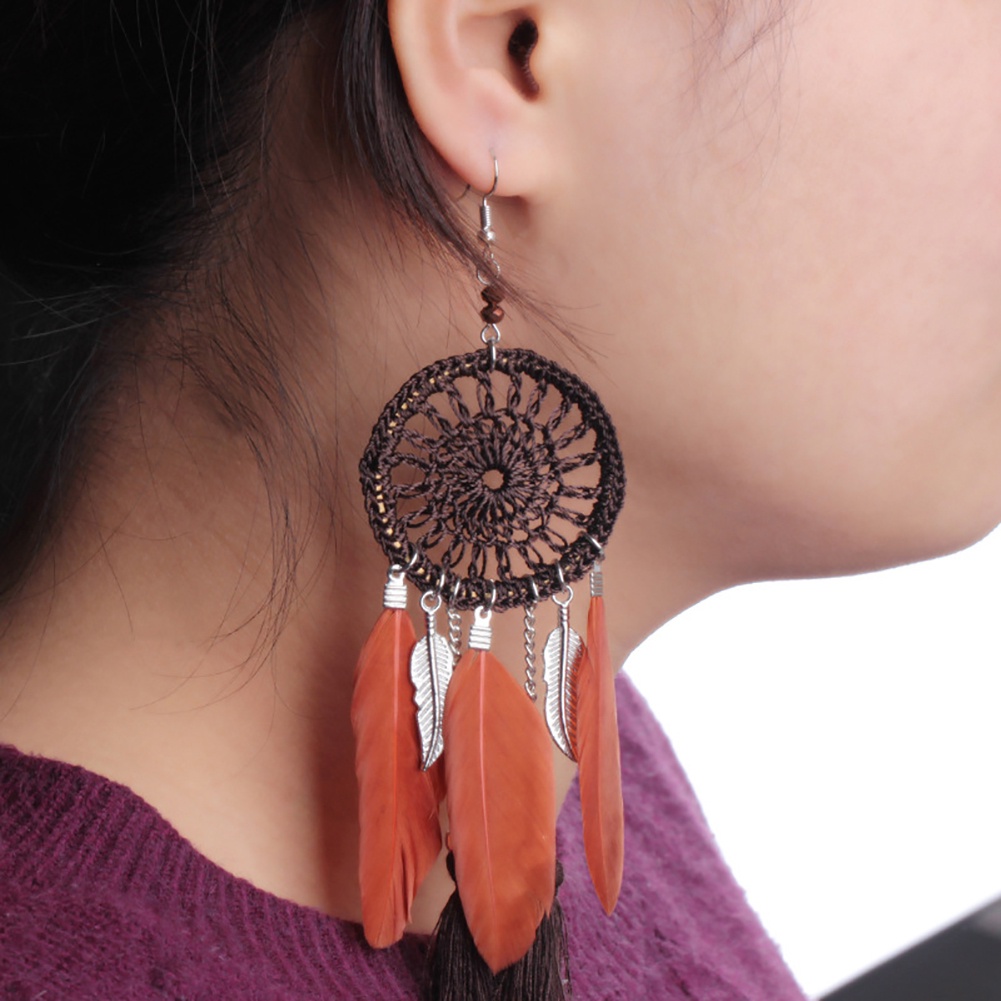 Hu Hu Hu Hu Hu Alat Bantu Pasang Kacamata♡ Anting Kait Gantung Panjang Wanita Desain Dream Catcher Etnik Hias Rumbai