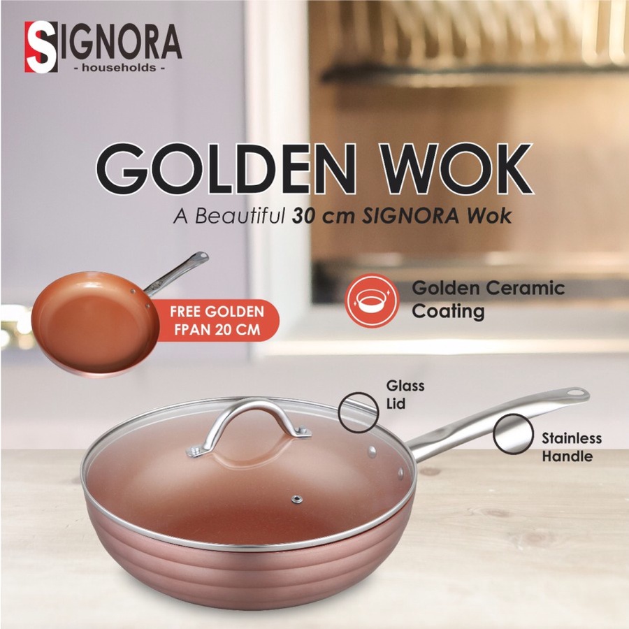 Panci Signora Golden Wok 30 cm  Panci Signora Dengan Tutup Kaca Diameter 30 cm