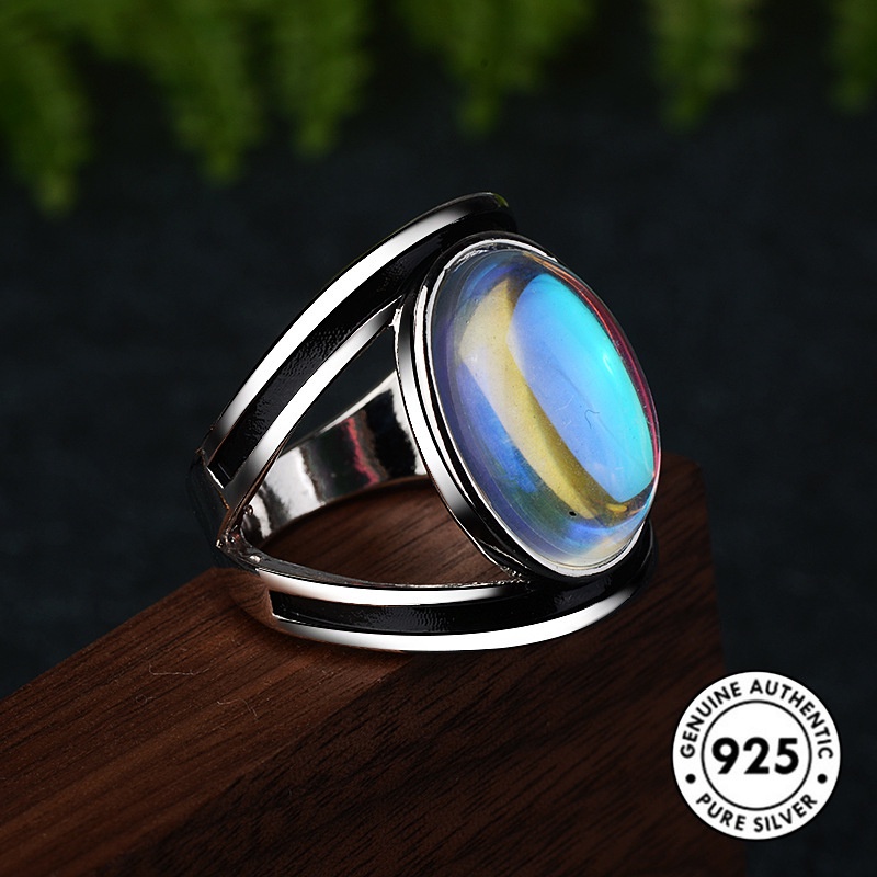 Cincin S925 Silver Aksen Batu Bulan Warna-Warni Gaya Retro