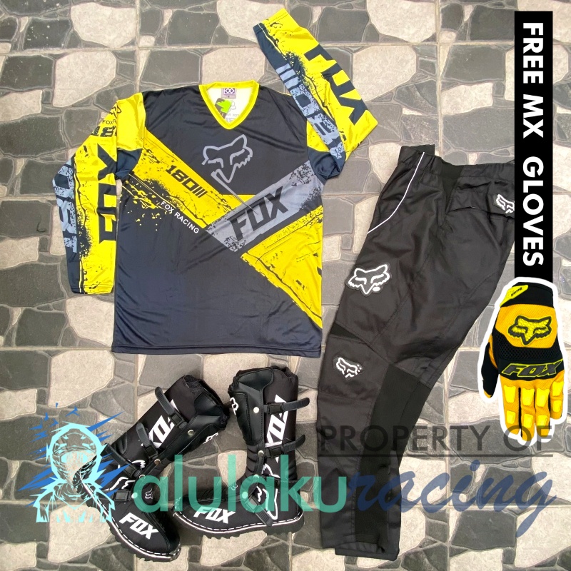 Jersey, Celana, Sarung Tangan &amp; Sepatu Fullprint with Protectors Fullset MX Trail Motocross - Paket Bundling FOCTFG190101-F47