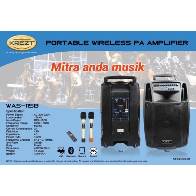 Speaker aktif 15" wireless portable meeting usb bluetooth krezt was115b