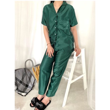 BFP002 PIYAMA KOREAN POLOS SET CELANA PANJANG BAJU TIDUR SET KEMEJA LENGAN PENDEK CELANA PANJANG IMPORT SATIN PREMIUM