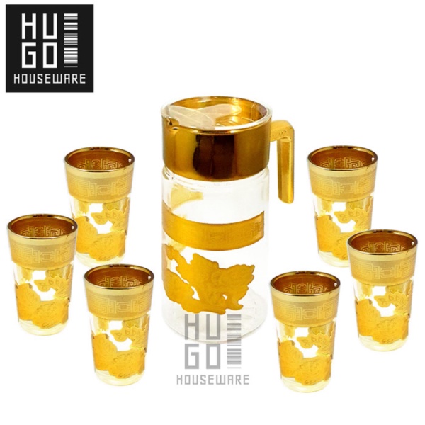 Promo Set Teko  Gelas Kaca Set Eskan 6 pcs Premium Gift Box Gold Drink Set - Bunga 3 Diskon
