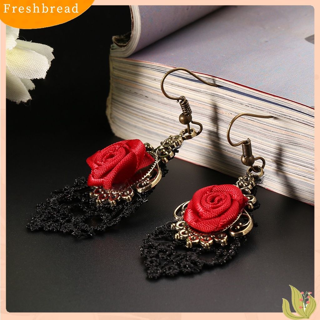 【Fresh】1 Pair Vintage Gothic Vampire Halloween Black Lace Red Flowers Dangle Earrings