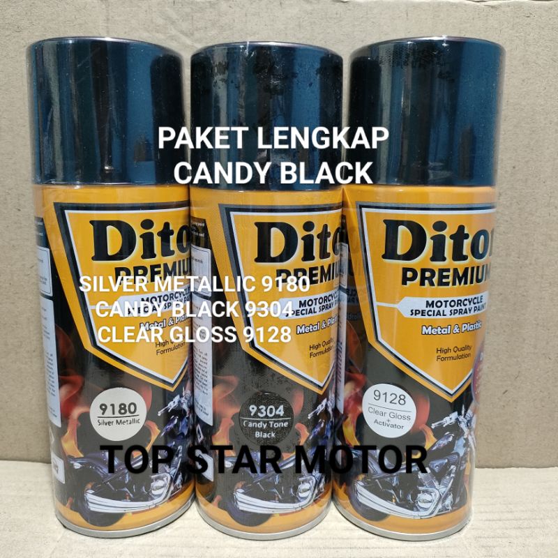 Pilok Paket Lengkap Cat Diton Premium Silver Metallic 9180 Candy Tone Black 9304 Clear Gloss 9128 400cc.. Pilok Paketan Candy Tone Black Cat Semprot Diton Premium 400cc