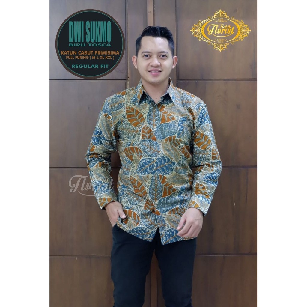 Batik Solo Dwi Sukmo Biru Tosca Kemeja Pria Full Furing Katun Cabut Primisima