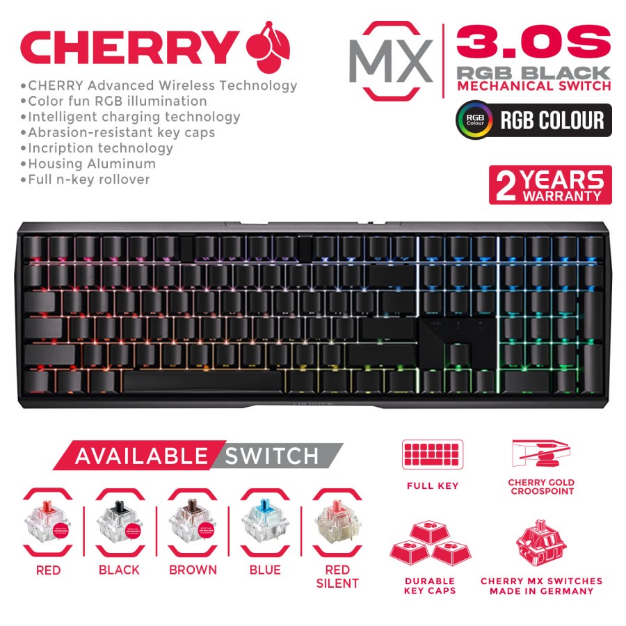 Keyboard gaming mechanical cherry wired type-c wireless bluetooth full size 109 keys black mx 3.0s mx3.0s 3.0 s rgb wl