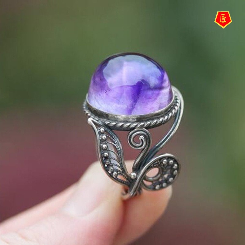 [Ready Stock]Retro Amethyst Ring Silver Diamond Elegant Niche Design