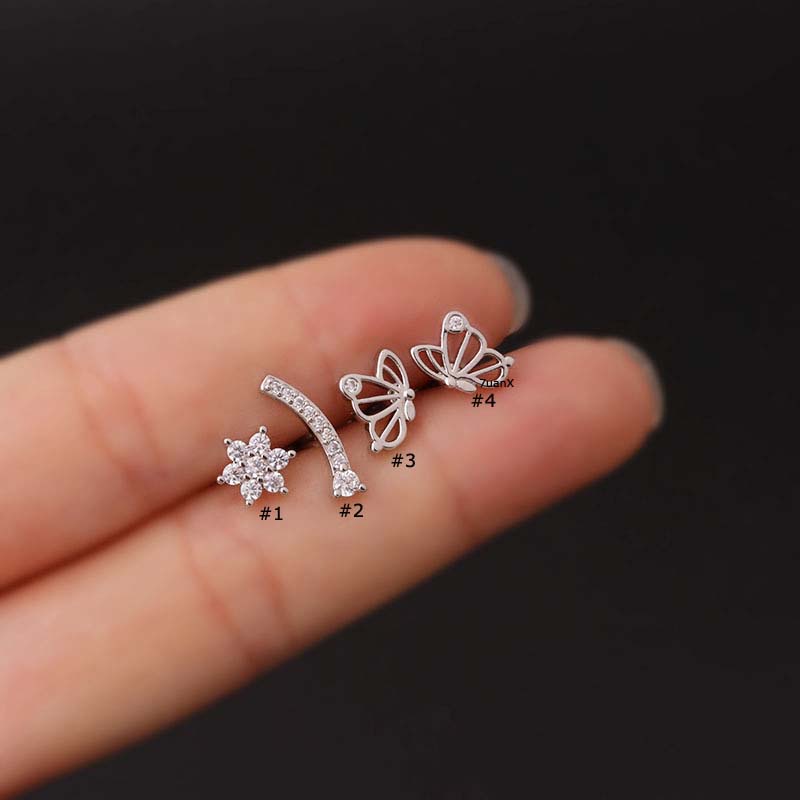 1pc Anting Stud Tindik Bentuk Bunga Kupu-Kupu Bahan Stainless Steel 16Gauge Dengan Zircon Untuk Wanita