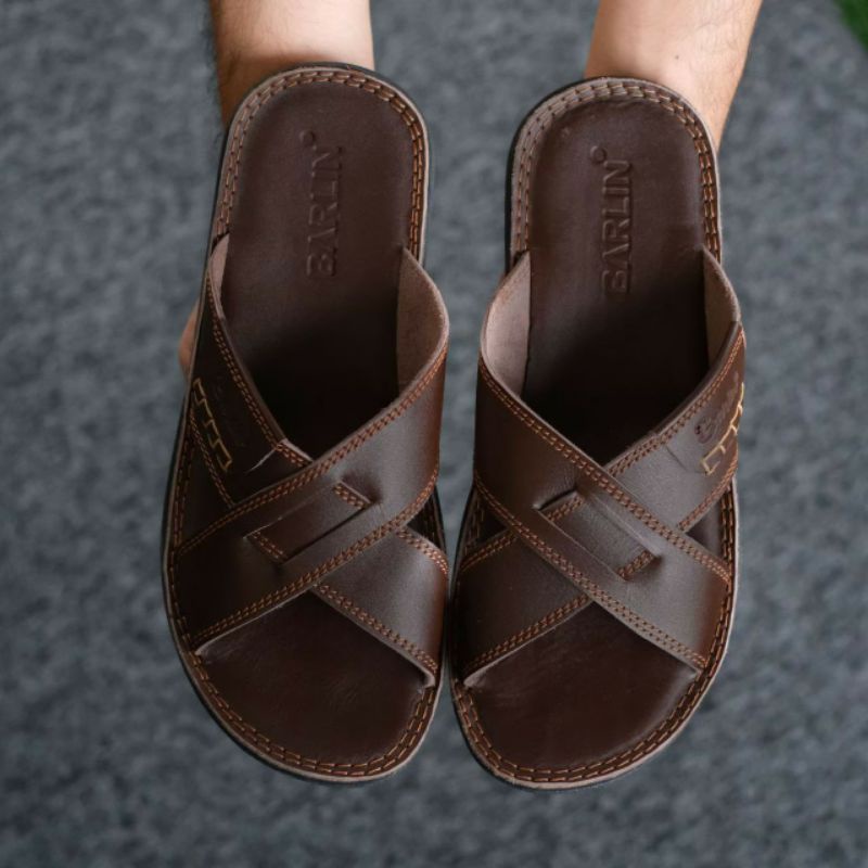 BRLN 002 Brown Sandal Kulit Asli Sendal Pria Casual Santai Tua Muda Slde Silang Original Kulit Sapi