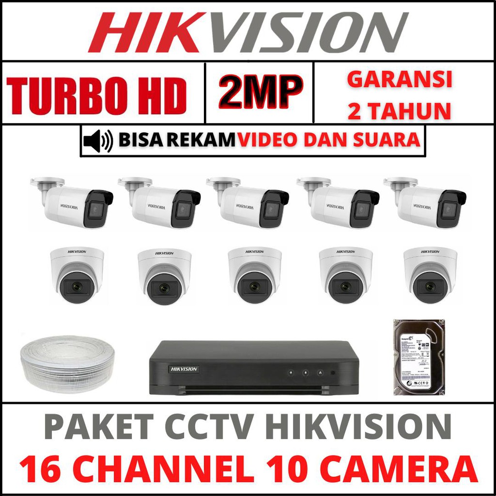 PAKET CCTV HIKVISION 16 CHANNEL 10 KAMERA 2MP TURBO HD/AUDIO SERIES  1080P KOMPLIT TINGGAL PASANG