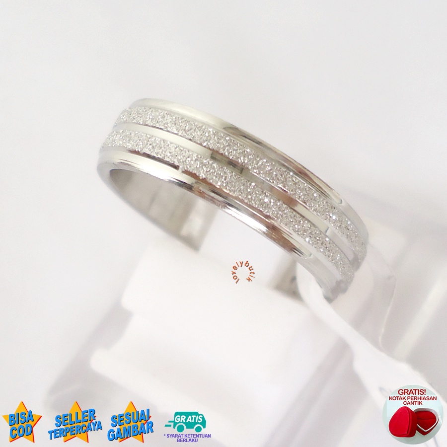 Lovelybutik Cincin Pasir Emas Titanium Wanita Pria Anti karat Asli Model Garis Bonus Kotak Perhiasan