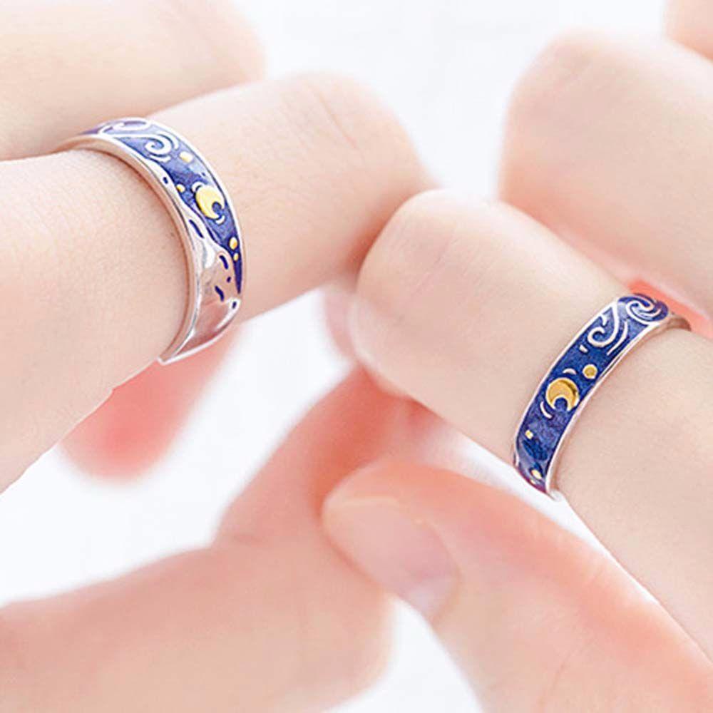 Mxbeauty Cincin Pasangan Pria Trendi Seni Van Gogh Langit Berbintang Warna Perak Logam Dapat Disesuaikan Fashion Perhiasan