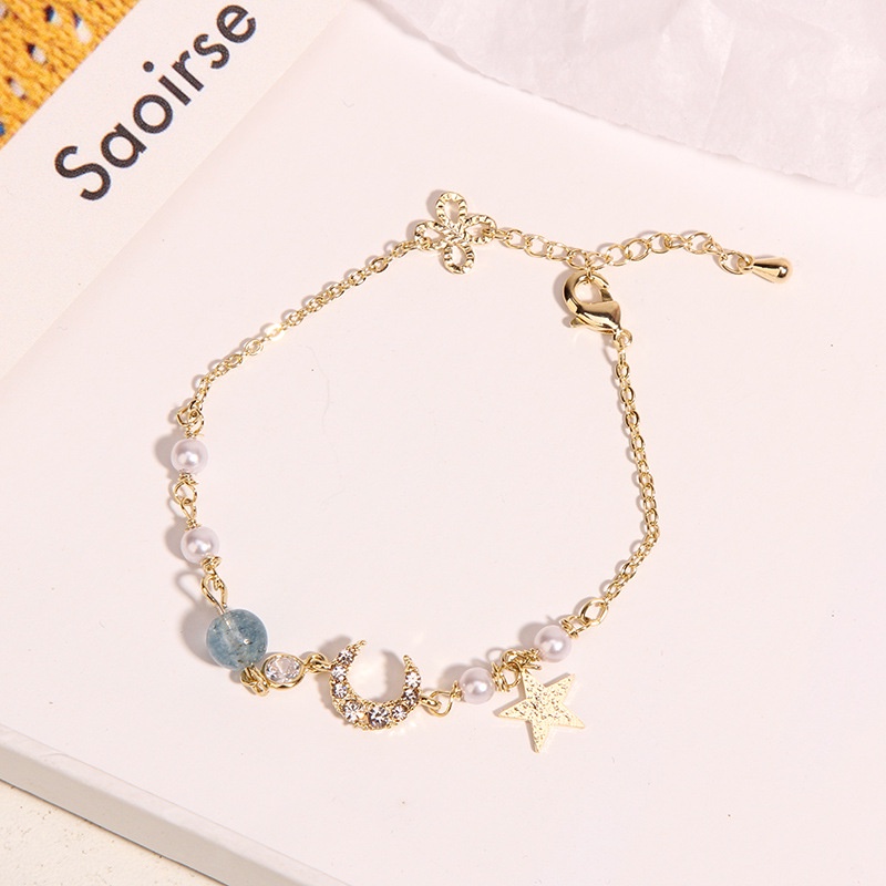 HC Gelang Couple Gelang Mutiara Gelang Rantai Sederhana Wanita Korea Aksesoris Fashion Wanita Gelang Rantai Adjustable Simple Model Bulan Bintang Unisex-HC8641BIRU