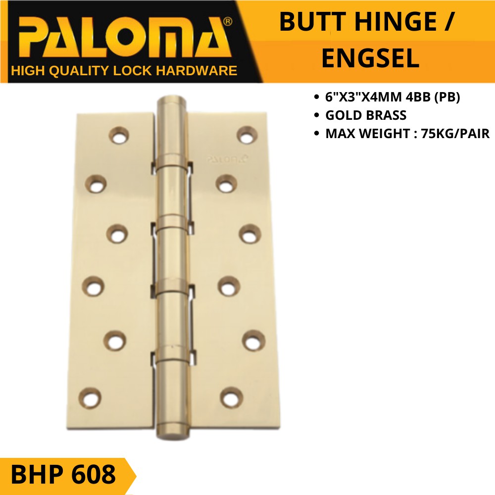 Paloma Bhp 608 Butt Hinge Engsel Pintu 6x3x4mm 4bb Pb Brass Gold Emas Pb